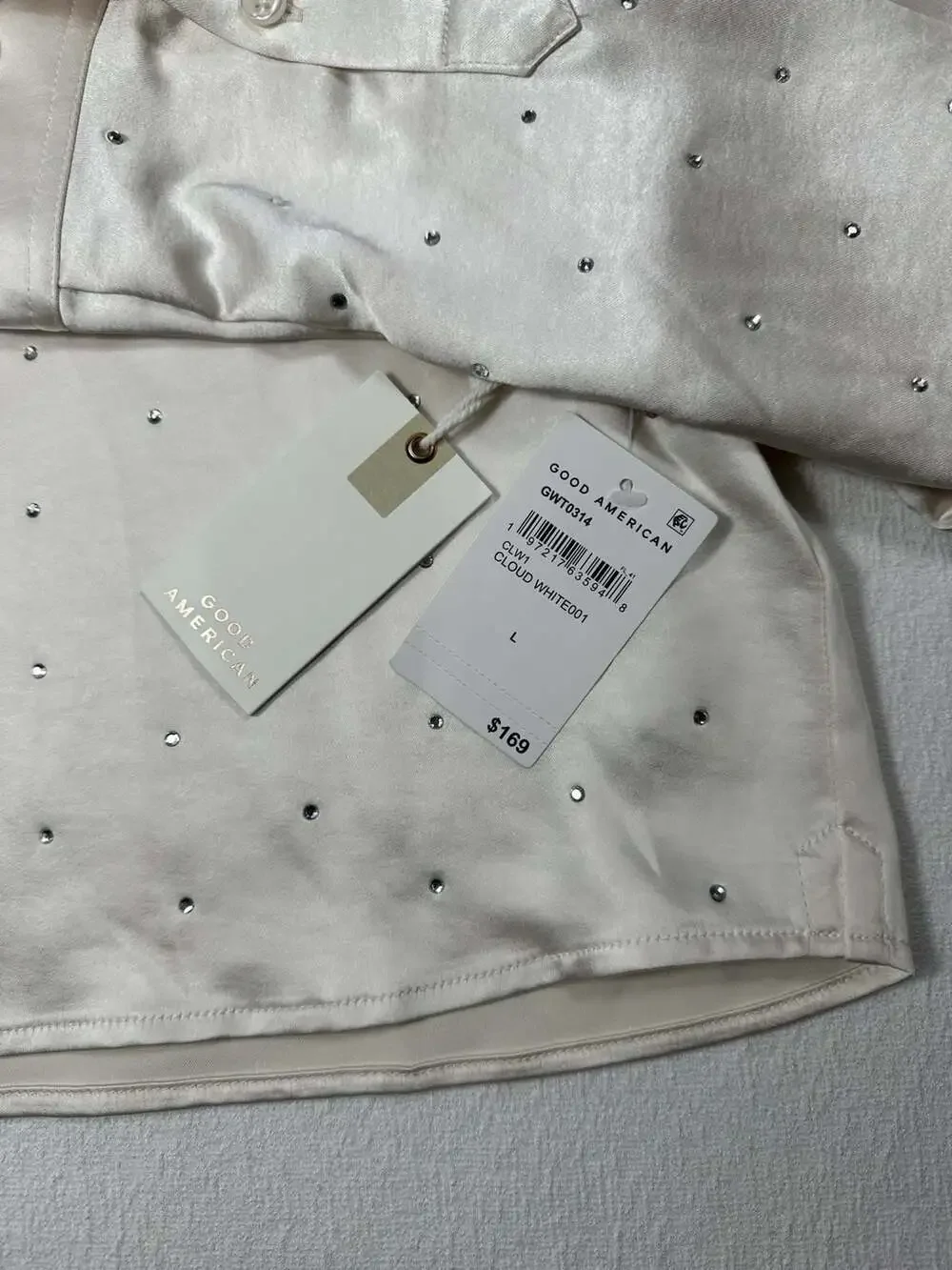 Good American Crystal Embellished Cropped Satin Shirt Cloud White Large - Picture 7 of 12